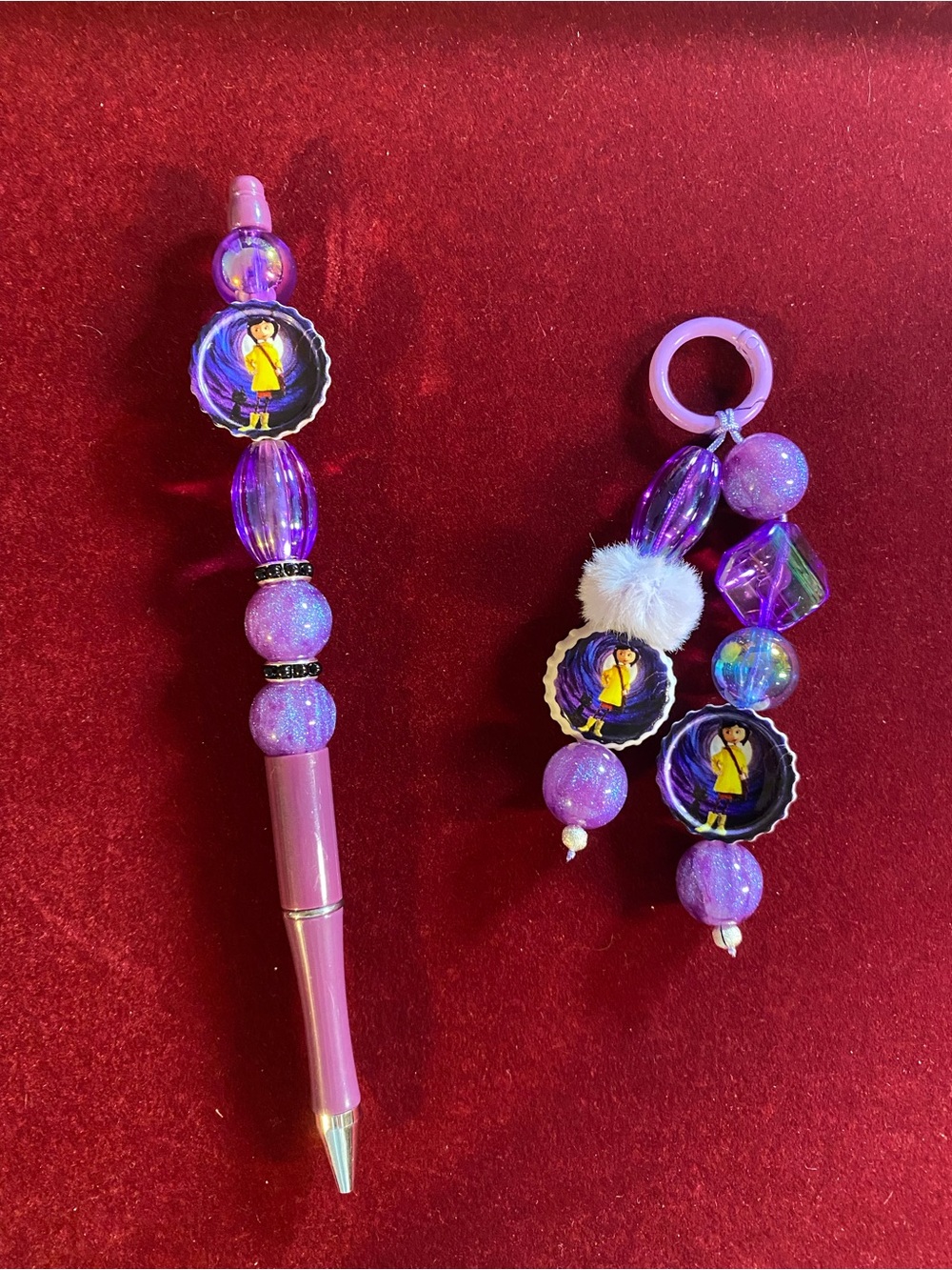 Coraline Purple Beaded Pen with Matching Charm Keyring